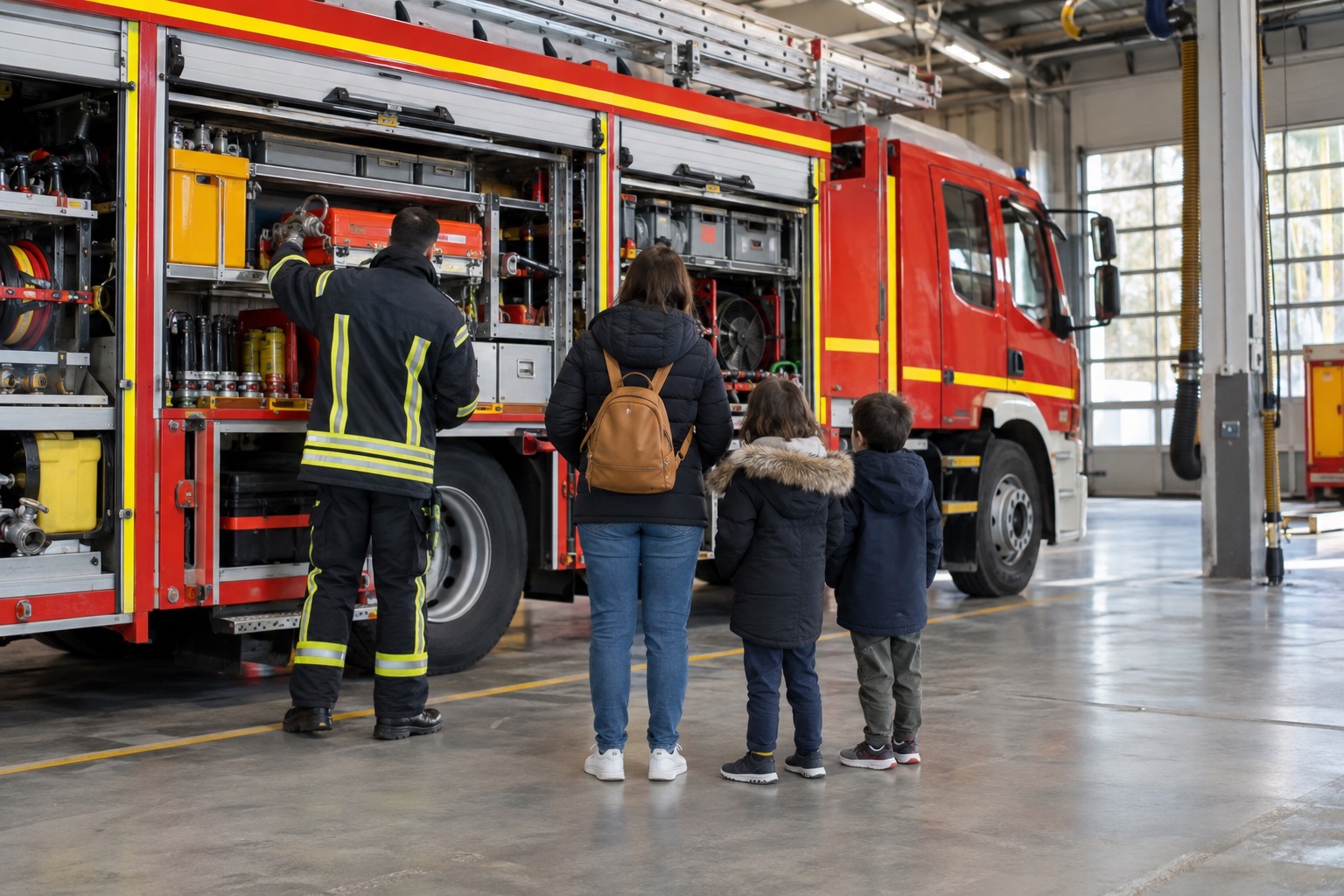 Illustration d’un groupe vu de dos découvrant un camion de pompiers dans une caserne